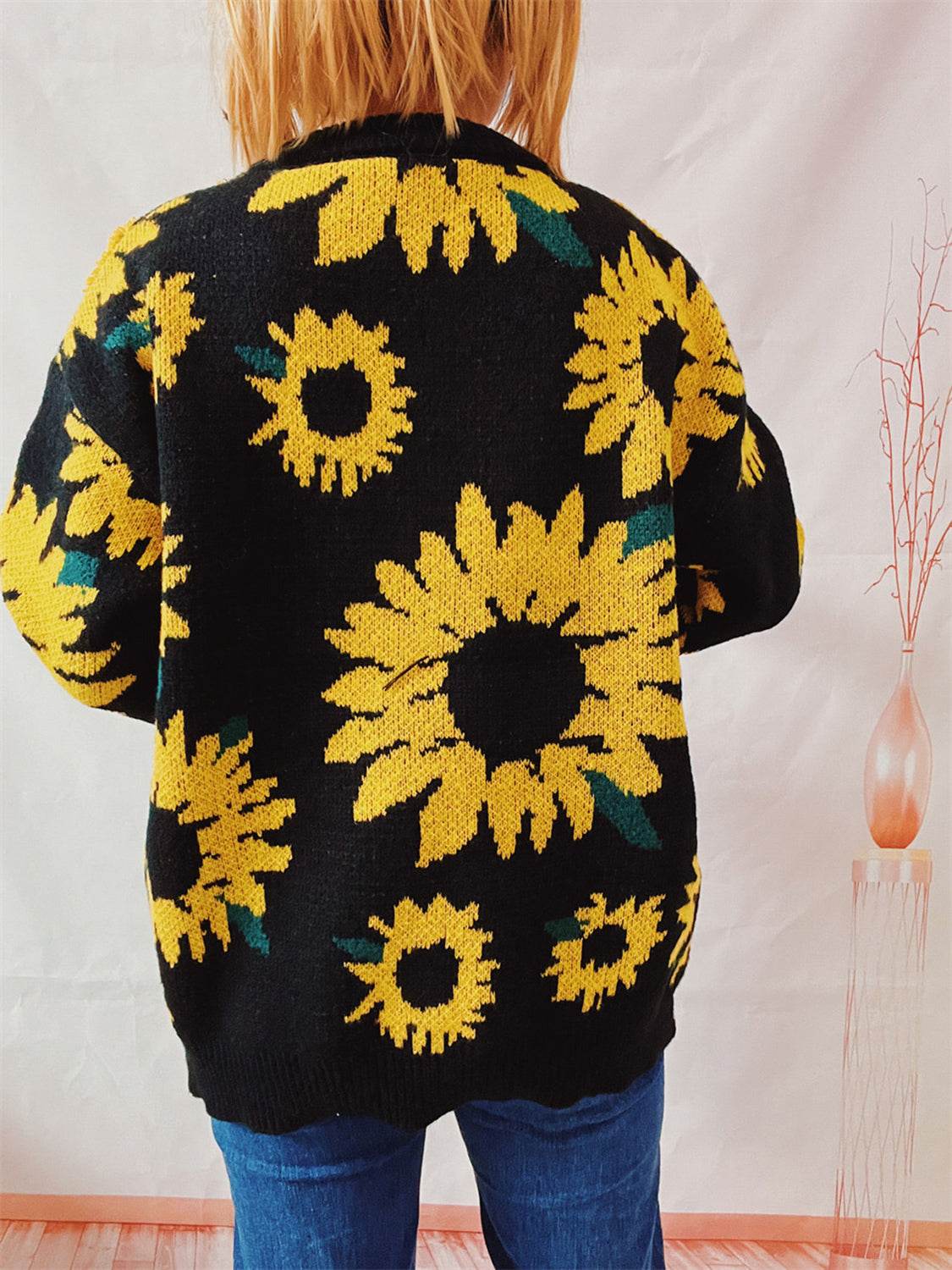 Sunflower Dropped Shoulder Long Sleeve Sweater - Amexza