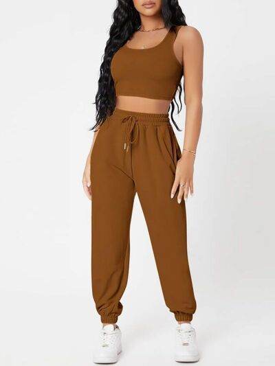 Wide Strap Top and Drawstring Joggers Set Brown for a perfect OOTD – dress to impress outfits from Amexza