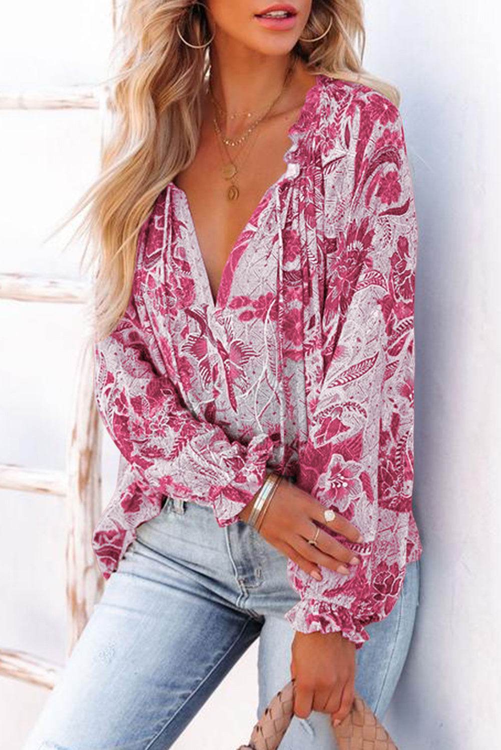 Floral Tie Neck Flounce Sleeve Blouse for a perfect OOTD – dress to impress outfits from Amexza