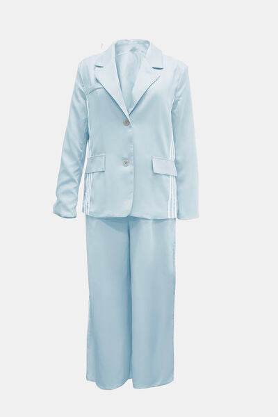 Side Striped Long Sleeve Blazer and Pants Set Mint Blue for a perfect OOTD – dress to impress outfits from Amexza