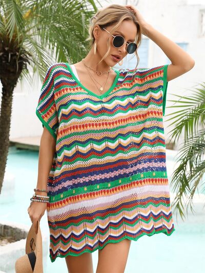 Angel Wings Rainbow Stripe Scalloped V-Neck Cover-Up Dress for a perfect OOTD – dress to impress outfits from Amexza