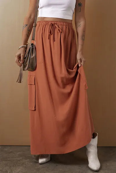 Drawstring Maxi Skirt with Pockets Caramel for a perfect OOTD – dress to impress outfits from Amexza