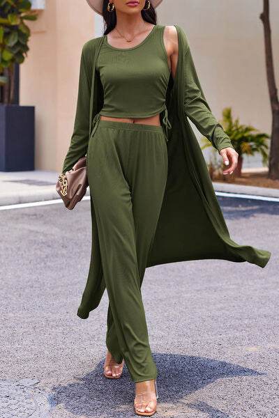 Drawstring Tank, Long Sleeve Cover Up and Pants Set for a perfect OOTD – dress to impress outfits from Amexza