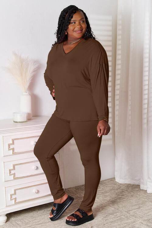 Basic Bae Full Size V-Neck Soft Rayon Long Sleeve Top and Pants Lounge Set Chocolate for a perfect OOTD – dress to impress outfits from Amexza