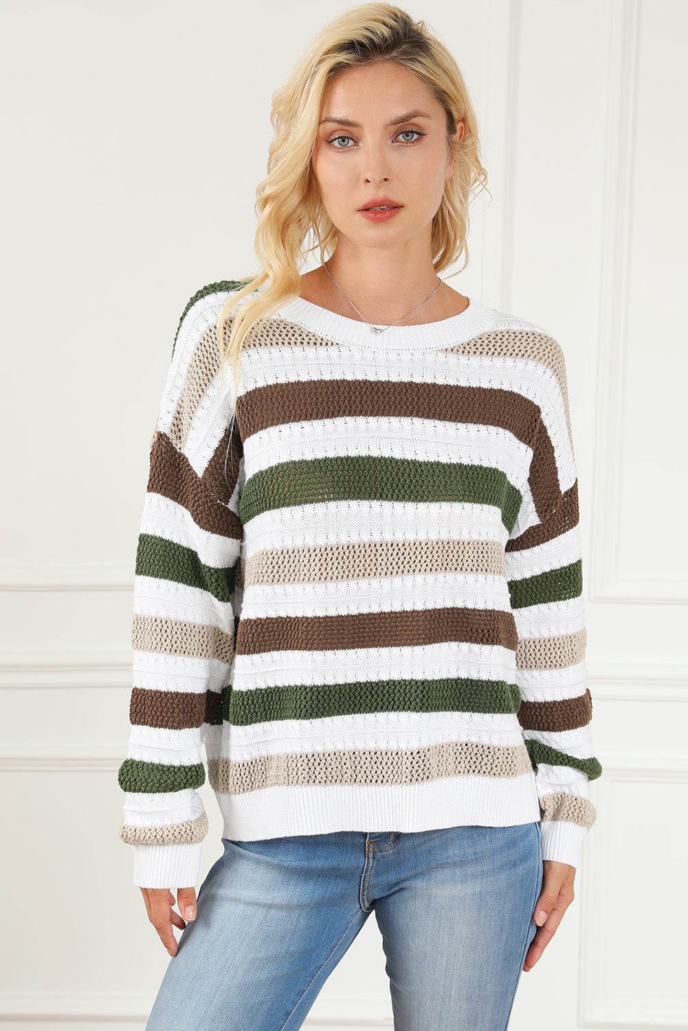 Striped Openwork Dropped Shoulder Sweater for a perfect OOTD – dress to impress outfits from Amexza