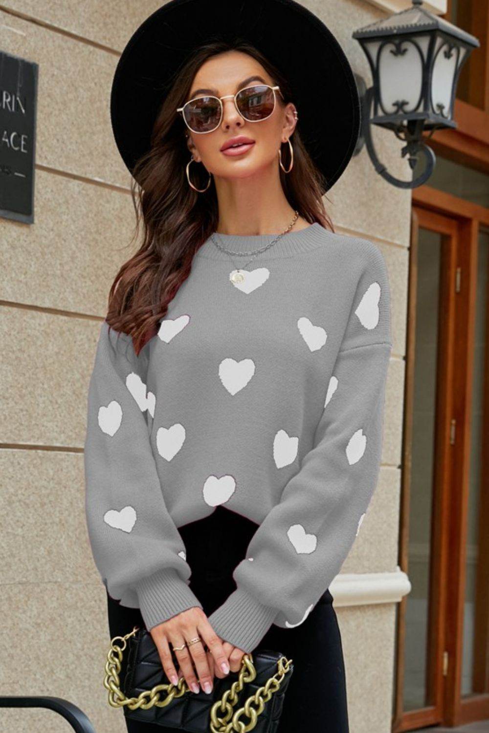 Woven Right Heart Pattern Lantern Sleeve Round Neck Tunic Sweater for a perfect OOTD – dress to impress outfits from Amexza