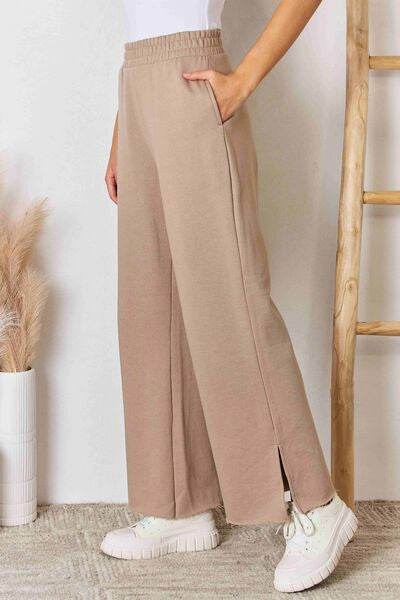 RISEN Wide Waistband Slit Wide Leg Pants - Amexza