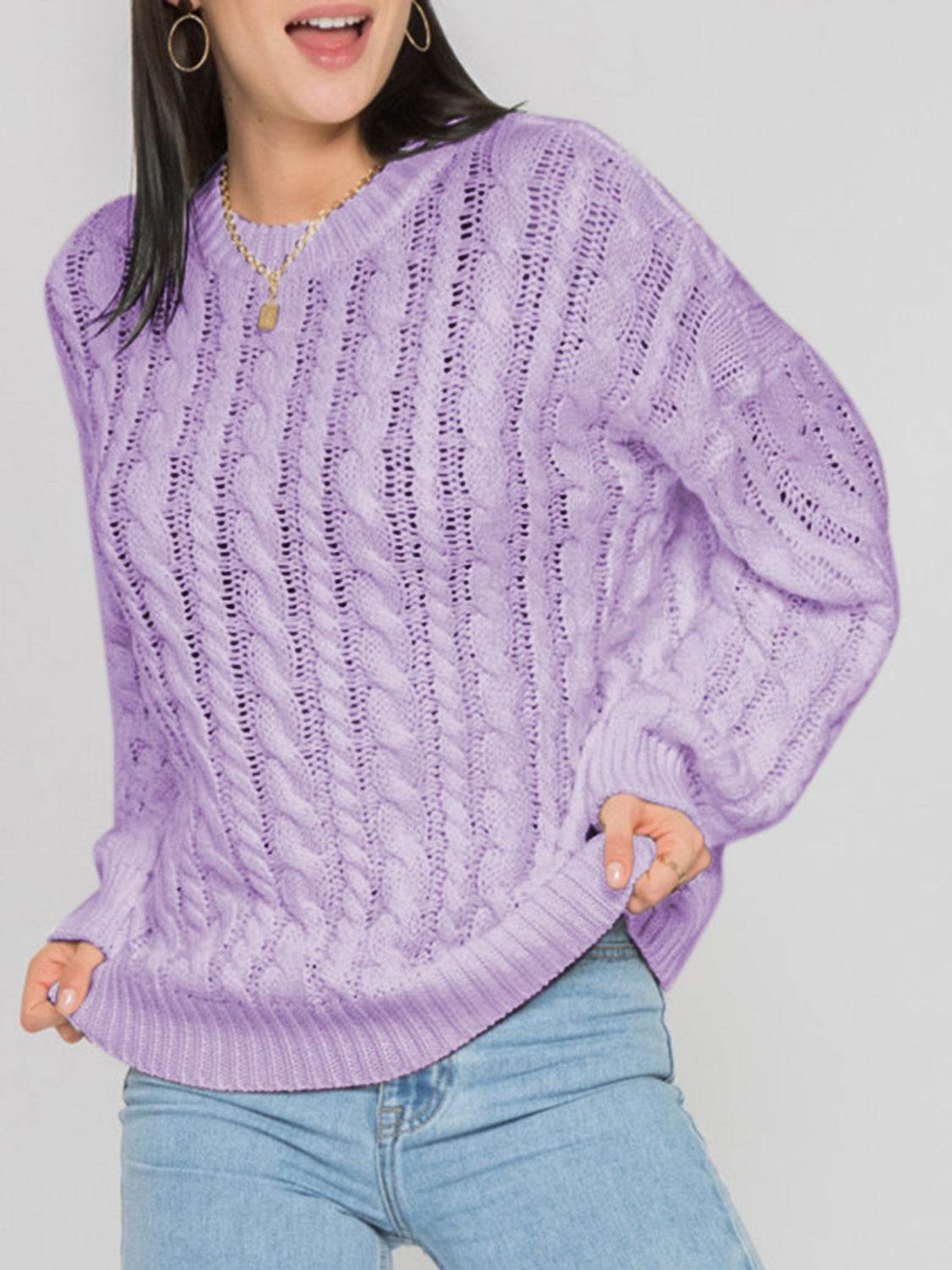 Openwork Round Sleeve Cable-Knit Sweater Lavender for a perfect OOTD – dress to impress outfits from Amexza