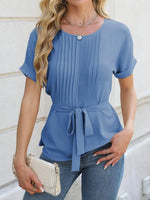 Tied Pleated Round Neck Short Sleeve Top - Amexza