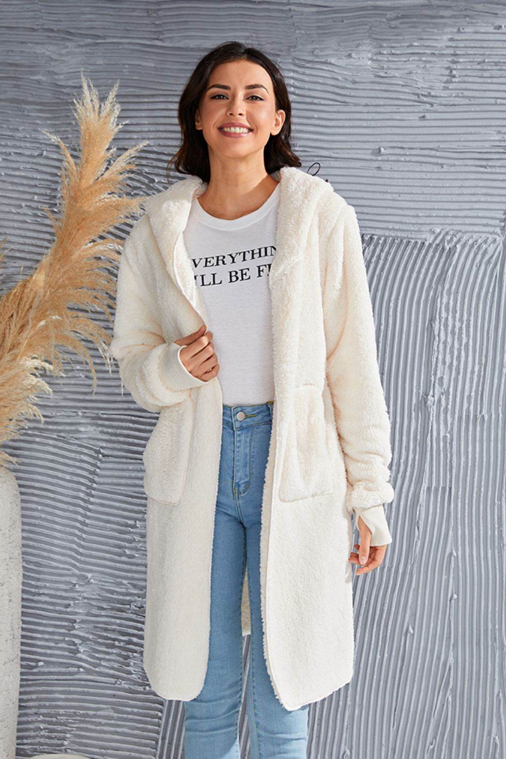 Double Take Full Size Hooded Teddy Bear Jacket with Thumbholes for a perfect OOTD – dress to impress outfits from Amexza