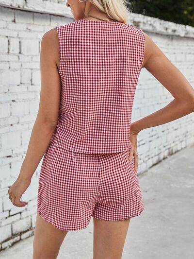 Lovelet Tied Plaid V-Neck Vest and Shorts Set for a perfect OOTD – dress to impress outfits from Amexza