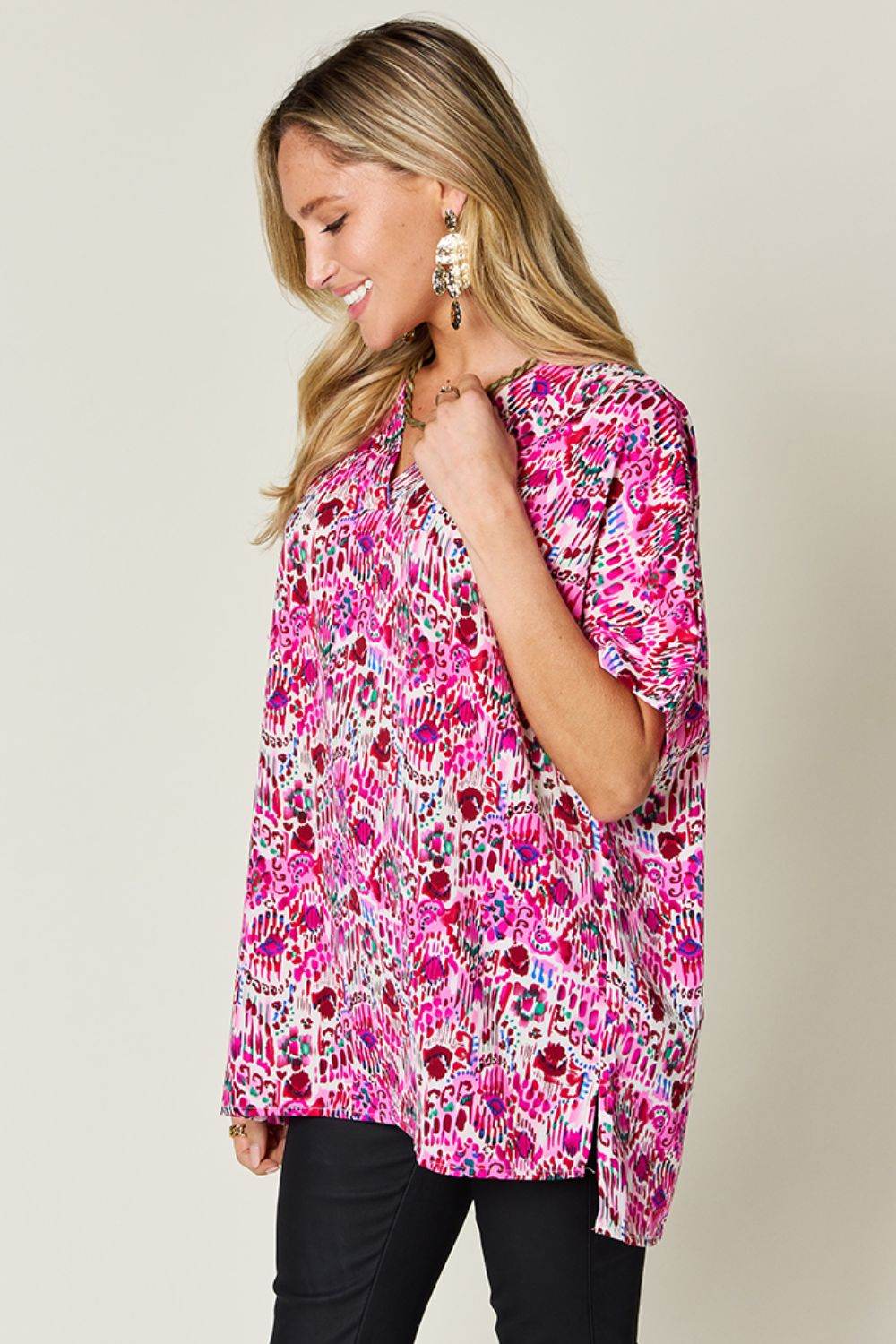 Double Take Full Size Printed V-Neck Short Sleeve Blouse for a perfect OOTD – dress to impress outfits from Amexza