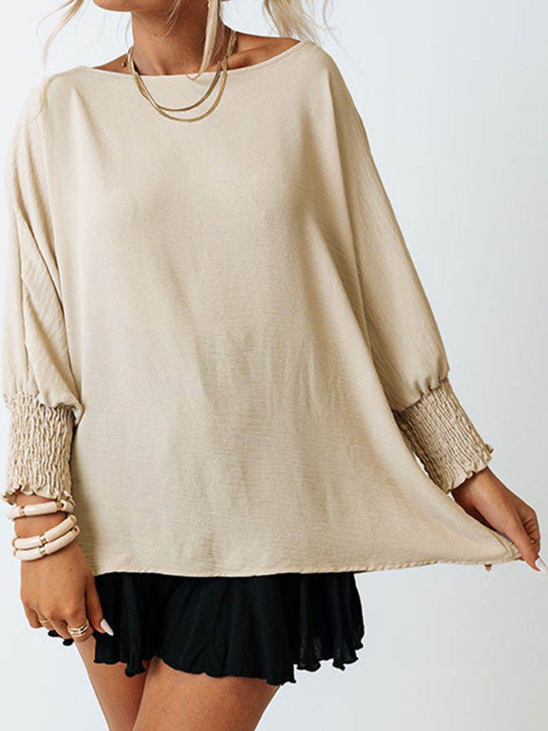 Boat Neck Three-Quarter Sleeve Blouse Beige for a perfect OOTD – dress to impress outfits from Amexza