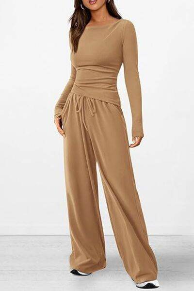 Round Neck Long Sleeve Top and Pants Set - Amexza