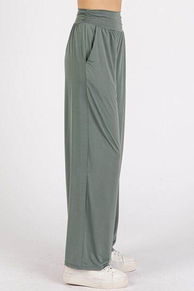 Mittoshop Stretch Banded Waist Wide Leg Pants with Pockets - Amexza