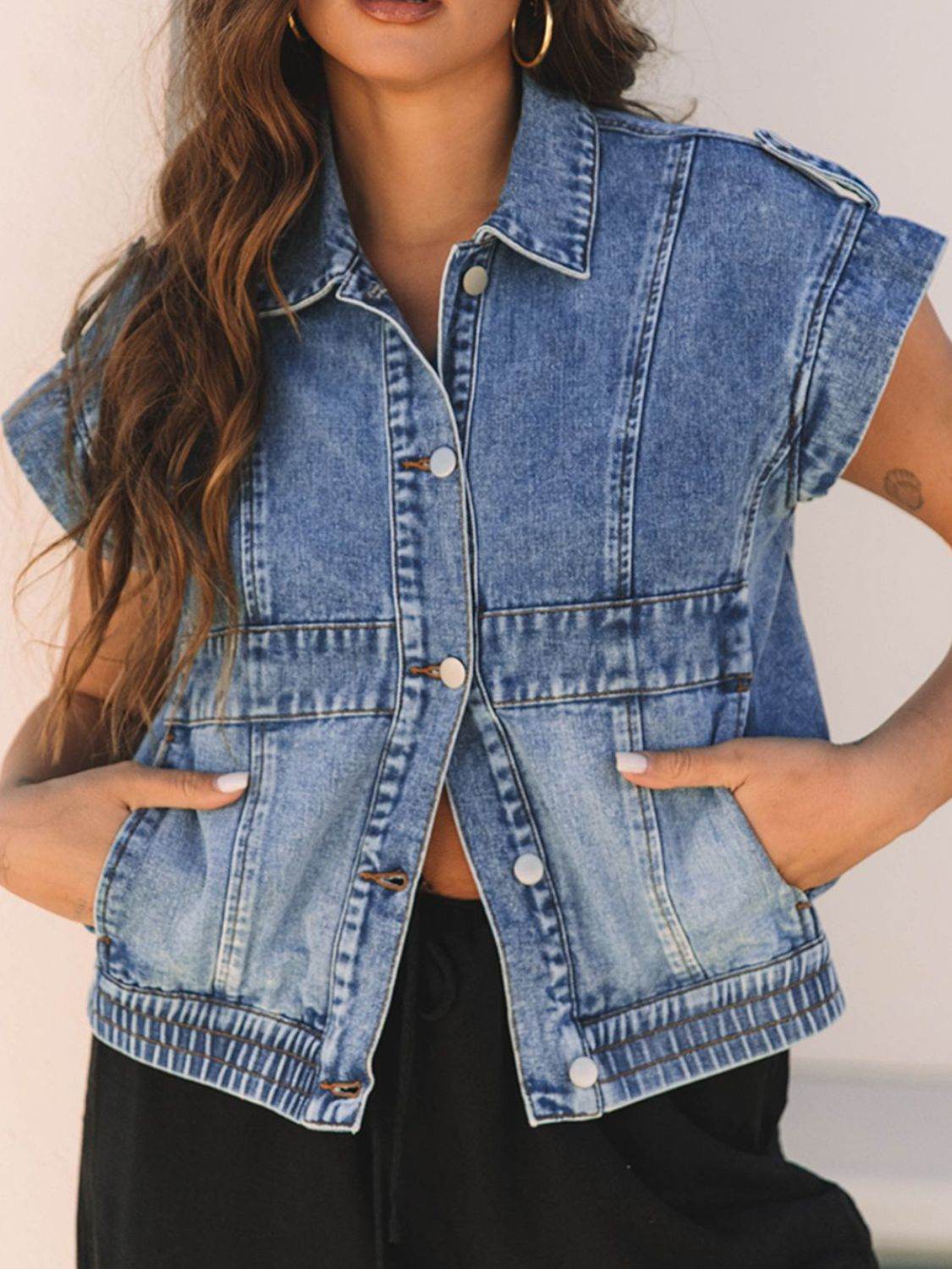 Button Up Cap Sleeve Denim Jacket - Amexza