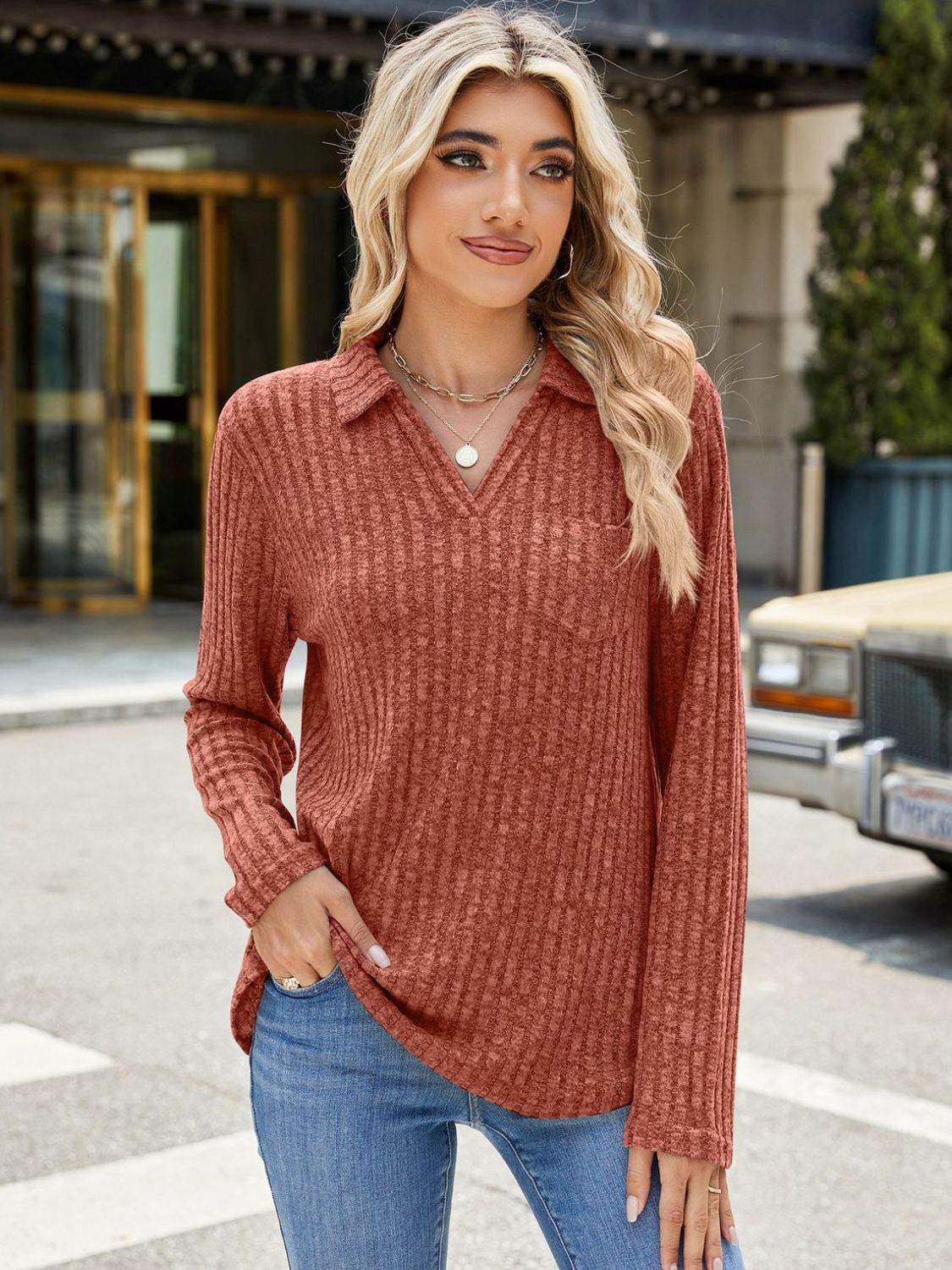 Ribbed Johnny Collar Long Sleeve T-Shirt for a perfect OOTD – dress to impress outfits from Amexza