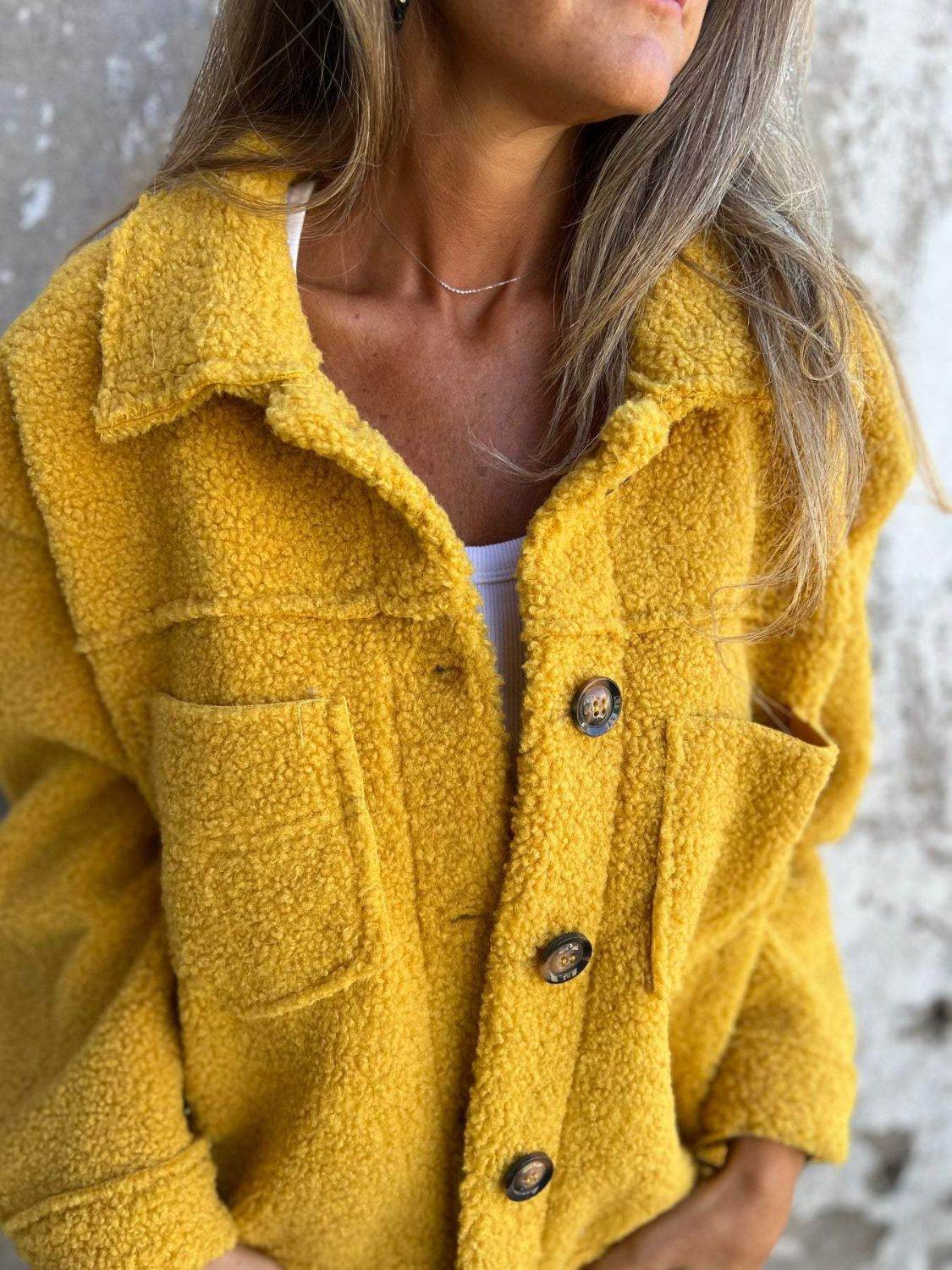 Full Size Fuzzy Button Up Drop Shoulder Jacket Mustard for a perfect OOTD – dress to impress outfits from Amexza