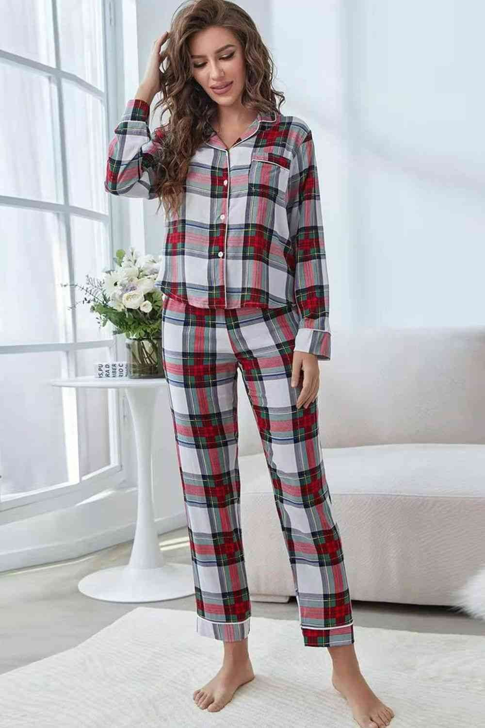 Plaid Button Front Top and Pants Lounge Set for a perfect OOTD – dress to impress outfits from Amexza