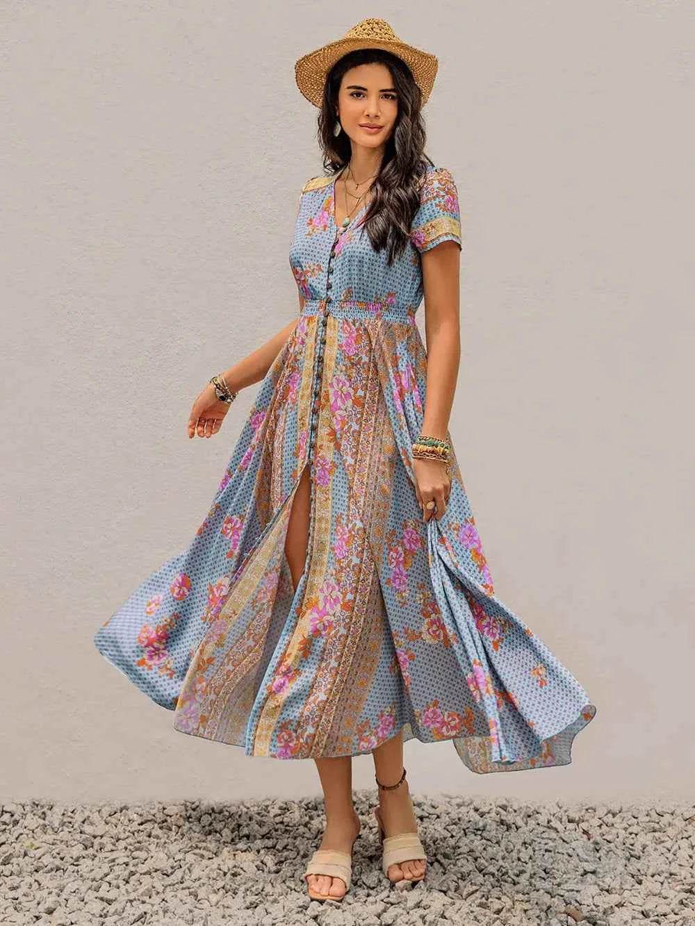 Smocked Floral V-Neck Short Sleeve Midi Dress Light Blue for a perfect OOTD – dress to impress outfits from Amexza