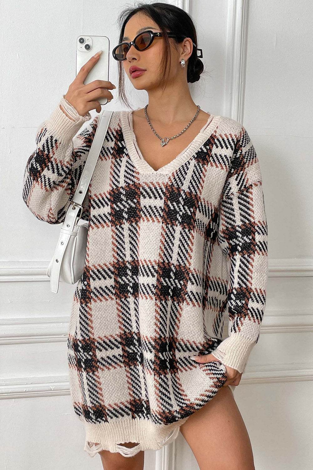 Plaid V-Neck Long Sleeve Sweater Dress for a perfect OOTD – dress to impress outfits from Amexza