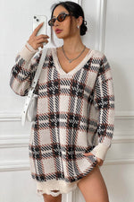Plaid V-Neck Long Sleeve Sweater Dress for a perfect OOTD – dress to impress outfits from Amexza