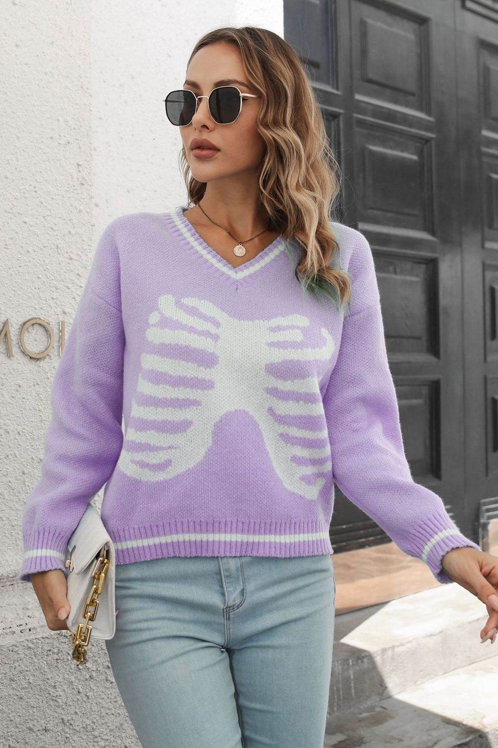 Skeleton Pattern V-Neck Long Sleeve Pullover Sweater for a perfect OOTD – dress to impress outfits from Amexza