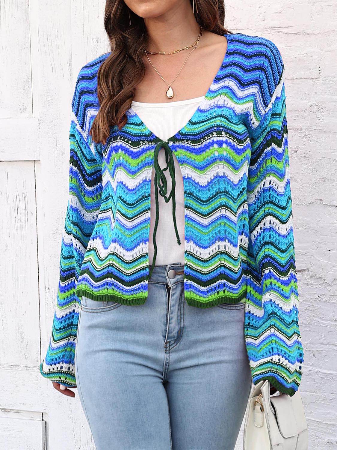 Striped Openwork Tied Cardigan - Amexza