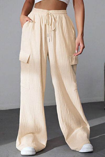 Drawstring Pocketed Wide Leg Pants Ivory for a perfect OOTD – dress to impress outfits from Amexza