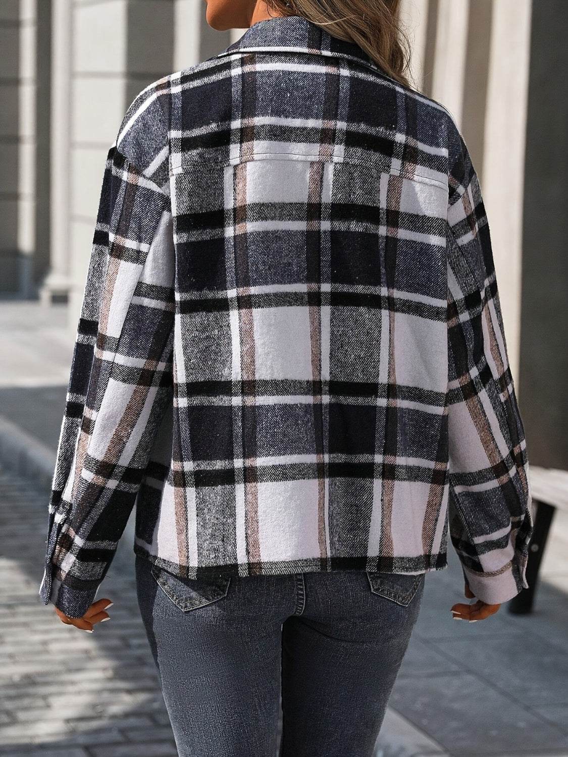 Plaid Button Up Drop Shoulder Jacket for a perfect OOTD – dress to impress outfits from Amexza