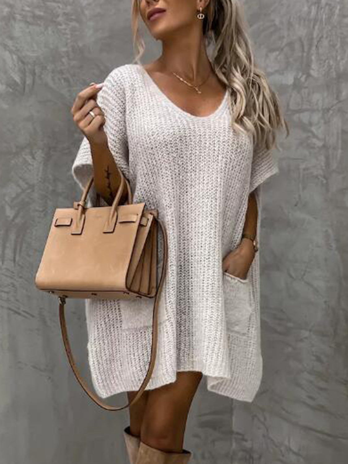 V-Neck Short Sleeve Sweater with Pockets White for a perfect OOTD – dress to impress outfits from Amexza