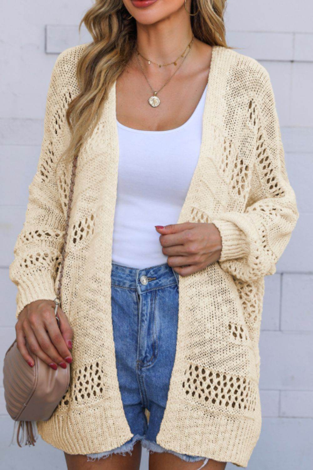 Openwork Open Front Long Sleeve Cardigan Beige for a perfect OOTD – dress to impress outfits from Amexza