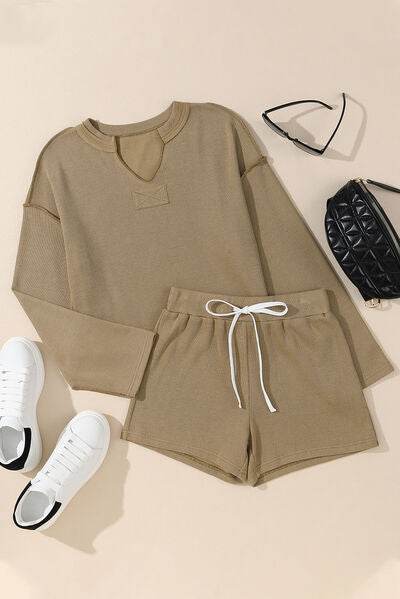 Exposed Seam Long Sleeve Top and Drawstring Shorts Set for a perfect OOTD – dress to impress outfits from Amexza