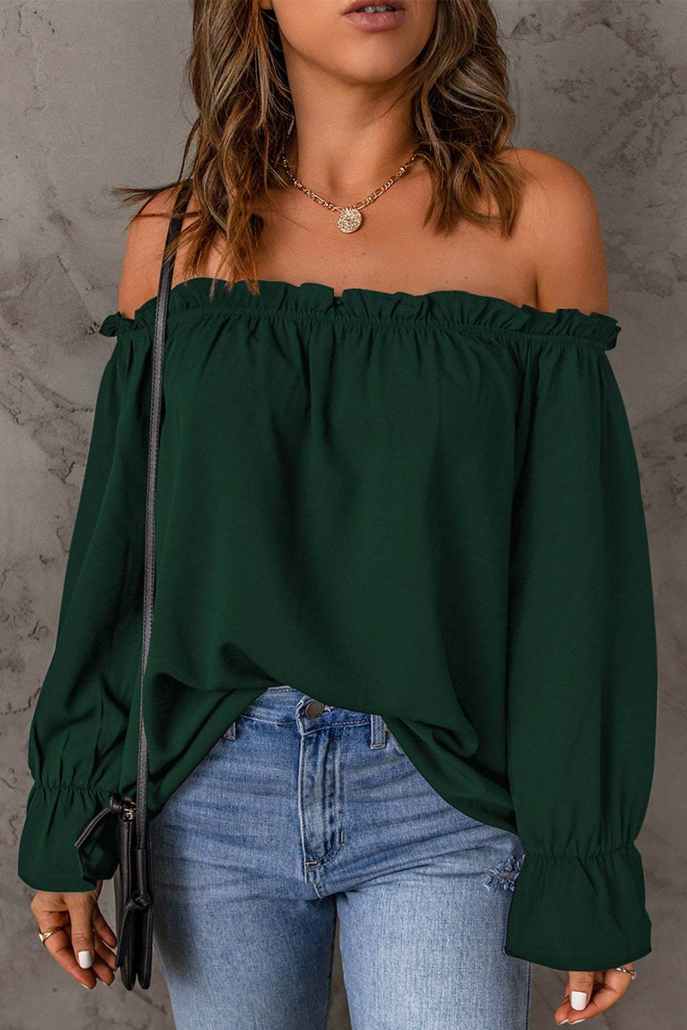 Off-Shoulder Flounce Sleeve Blouse Dark Green for a perfect OOTD – dress to impress outfits from Amexza