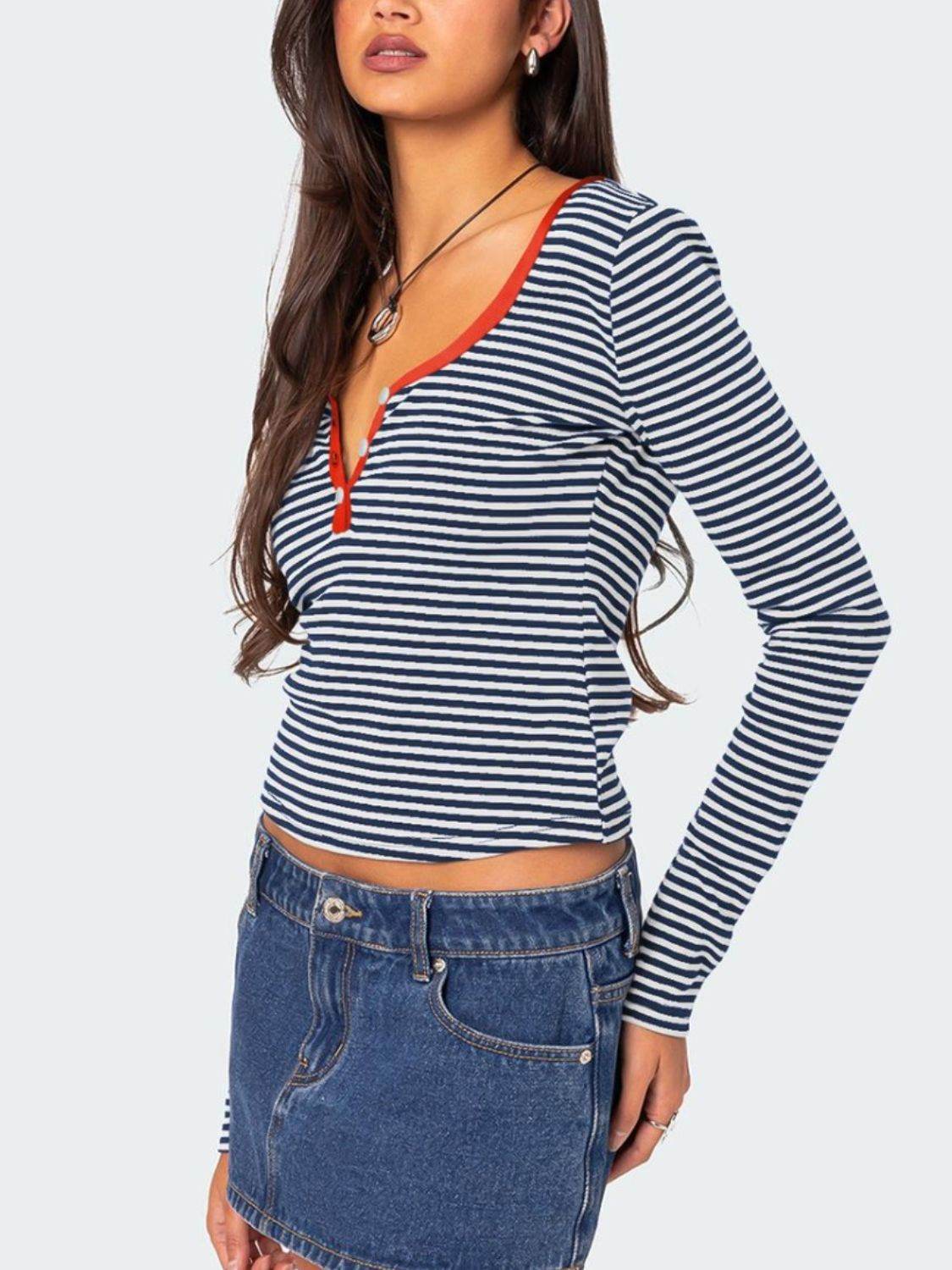 Buttoned Striped Long Sleeve T-Shirt for a perfect OOTD – dress to impress outfits from Amexza