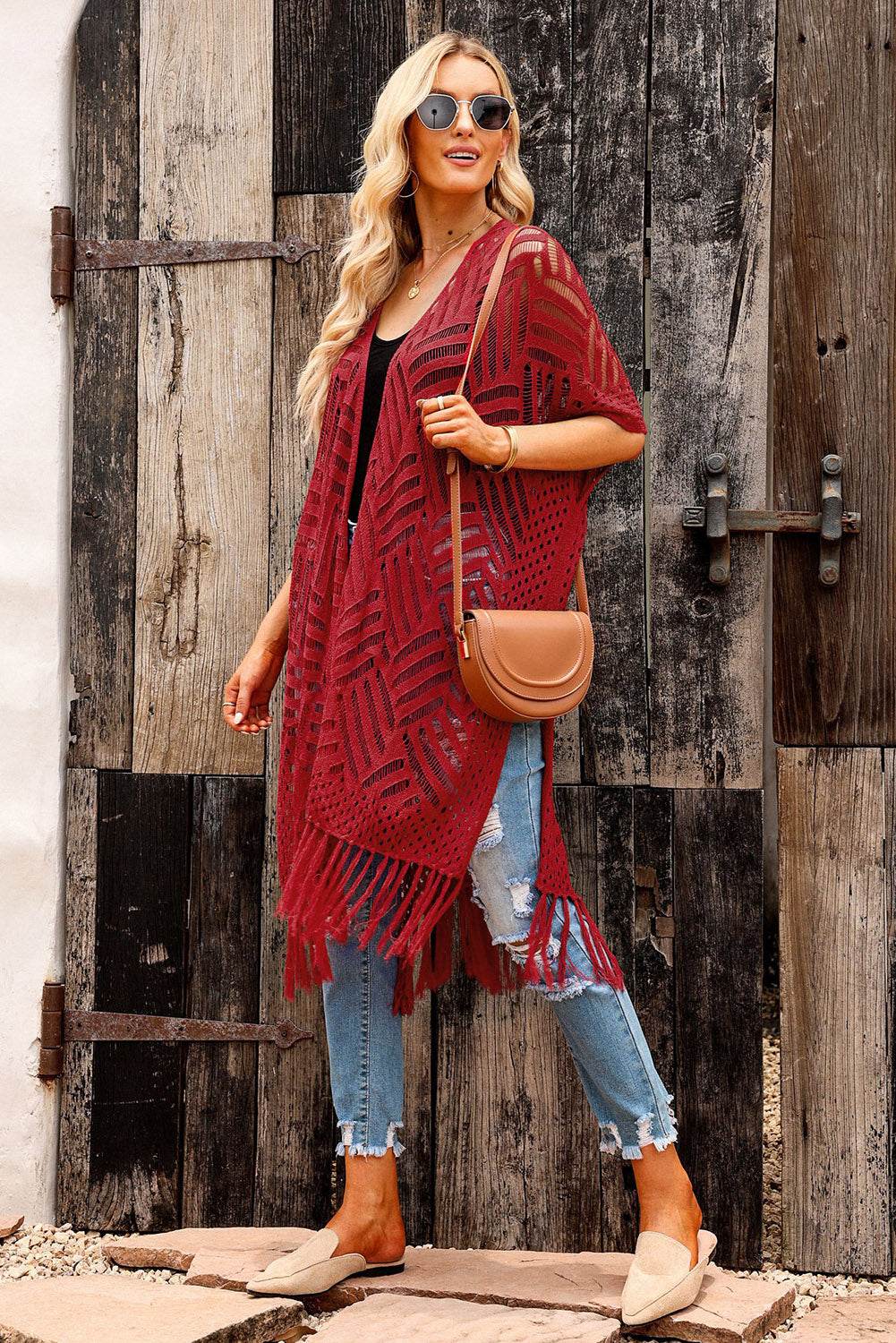 Openwork Open Front Cardigan with Fringes for a perfect OOTD – dress to impress outfits from Amexza