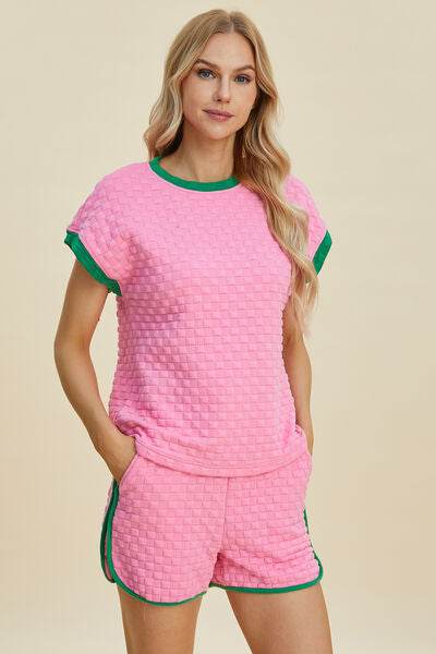 Double Take Full Size Texture Contrast T-Shirt and Shorts Set Pink for a perfect OOTD – dress to impress outfits from Amexza