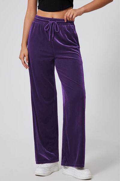 Drawstring Elastic Waist Straight Leg Pants - Amexza