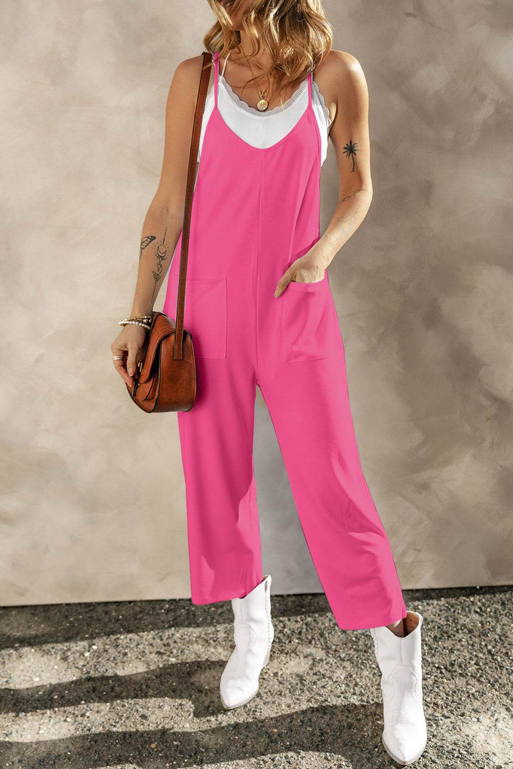 Pocketed Spaghetti Strap Wide Leg Jumpsuit Hot Pink for a perfect OOTD – dress to impress outfits from Amexza