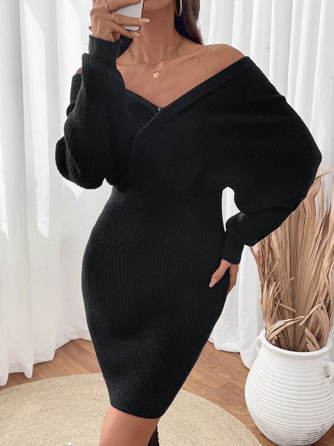 Perfee Surplice Long Sleeve Sweater Dress for a perfect OOTD – dress to impress outfits from Amexza