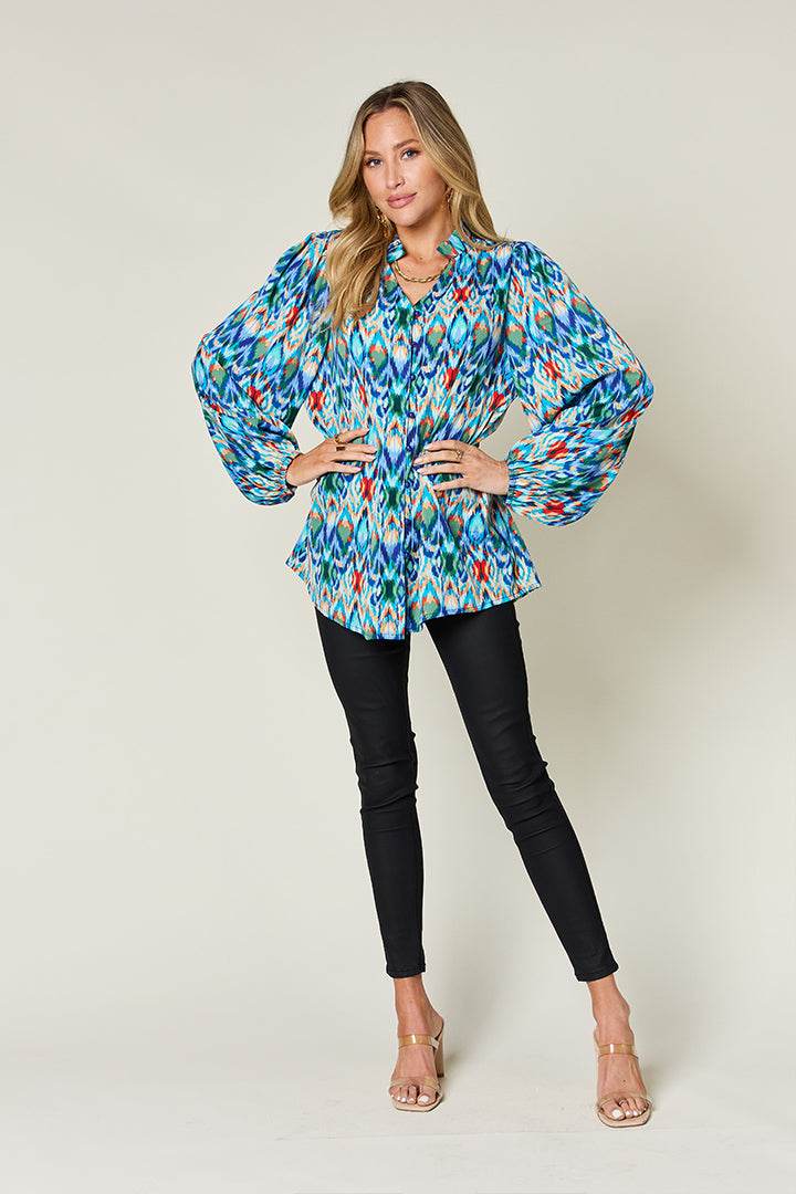 Double Take Full Size Printed Balloon Sleeve Blouse for a perfect OOTD – dress to impress outfits from Amexza