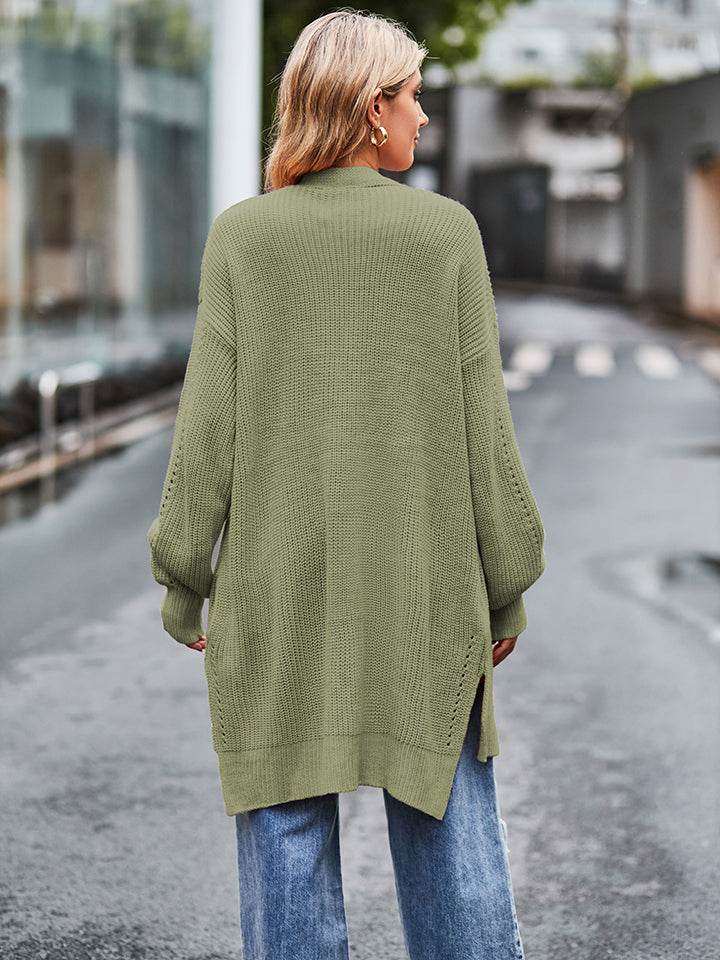 Long Sleeve Waffle-Knit Cardigan - Amexza