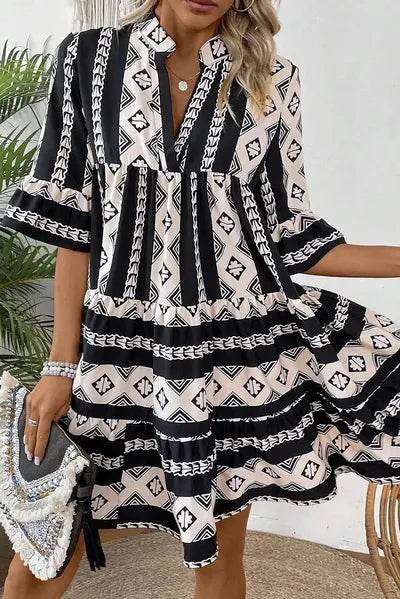 Tiered Printed Notched Half Sleeve Dress for a perfect OOTD – dress to impress outfits from Amexza