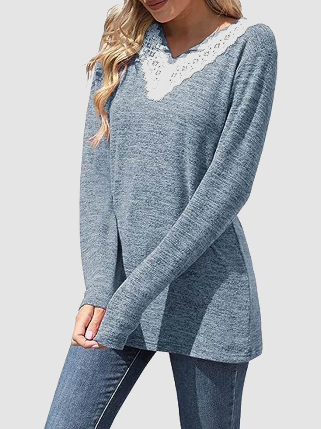 Lace Detail V-Neck Long Sleeve T-Shirt for a perfect OOTD – dress to impress outfits from Amexza