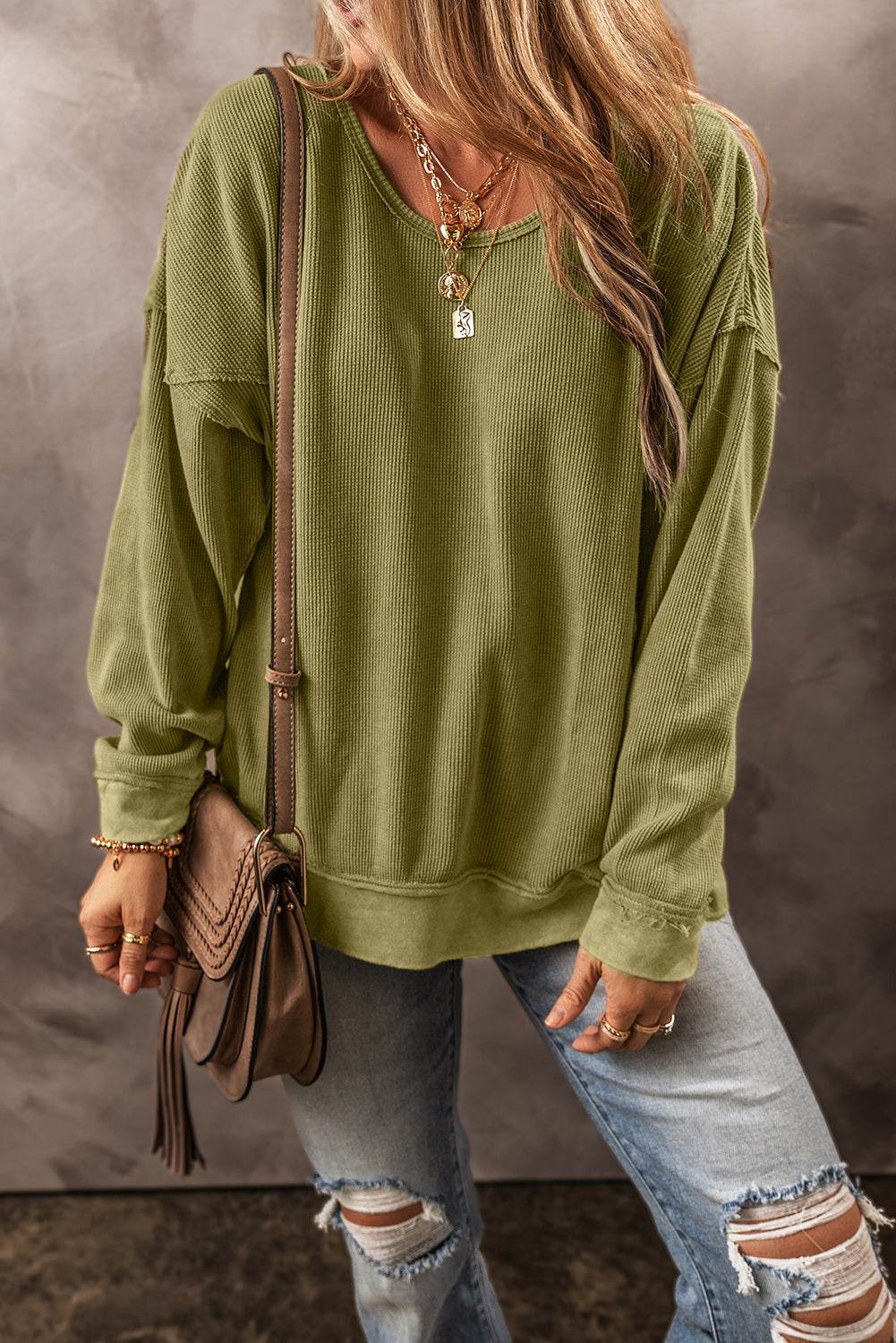 Textured Round Neck Long Sleeve Sweatshirt - Amexza