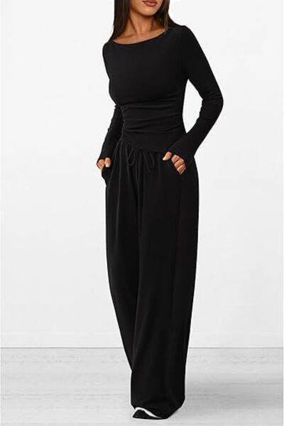 Round Neck Long Sleeve Top and Pants Set for a perfect OOTD – dress to impress outfits from Amexza