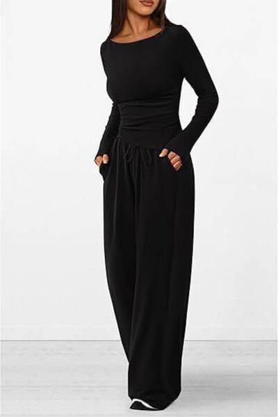 Round Neck Long Sleeve Top and Pants Set - Amexza