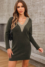 V-Neck Long Sleeve Mini Sweater Dress Moss for a perfect OOTD – dress to impress outfits from Amexza