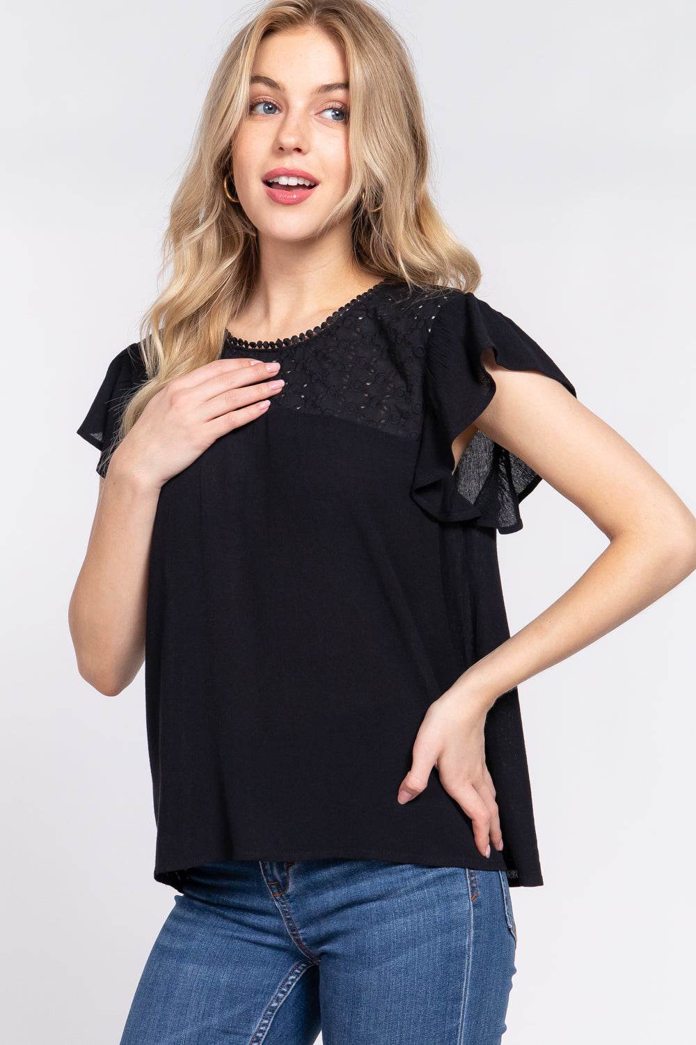 ACTIVE BASIC Ruffle Short Sleeve Crochet Blouse for a perfect OOTD – dress to impress outfits from Amexza