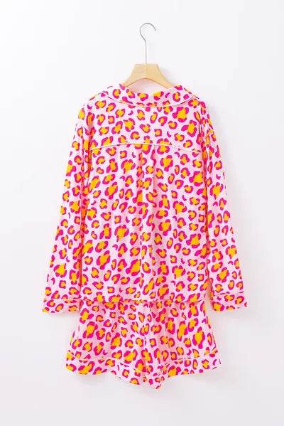 Leopard Collared Neck Long Sleeve Top and Shorts Lounge Set for a perfect OOTD – dress to impress outfits from Amexza
